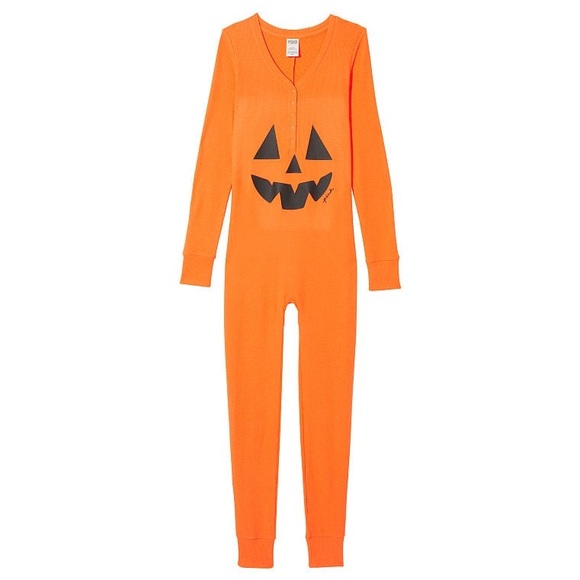 Victoria's Secret PINK Thermal Sleep Onesie Halloween Orange Jack-O-Lantern XL - Picture 2 of 3